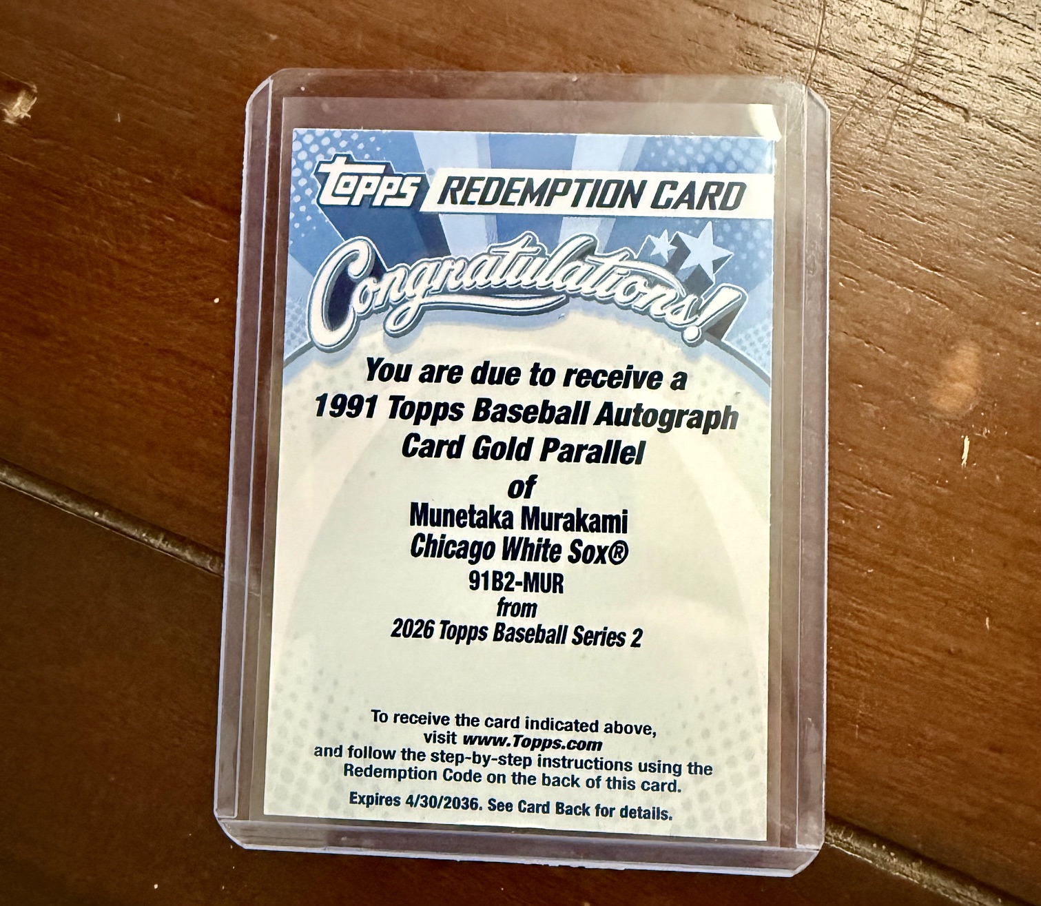 Munetaka Murakami 2026 Topps Series 2 Autograph Gold Parallel Redemption Card 91B2-MUR